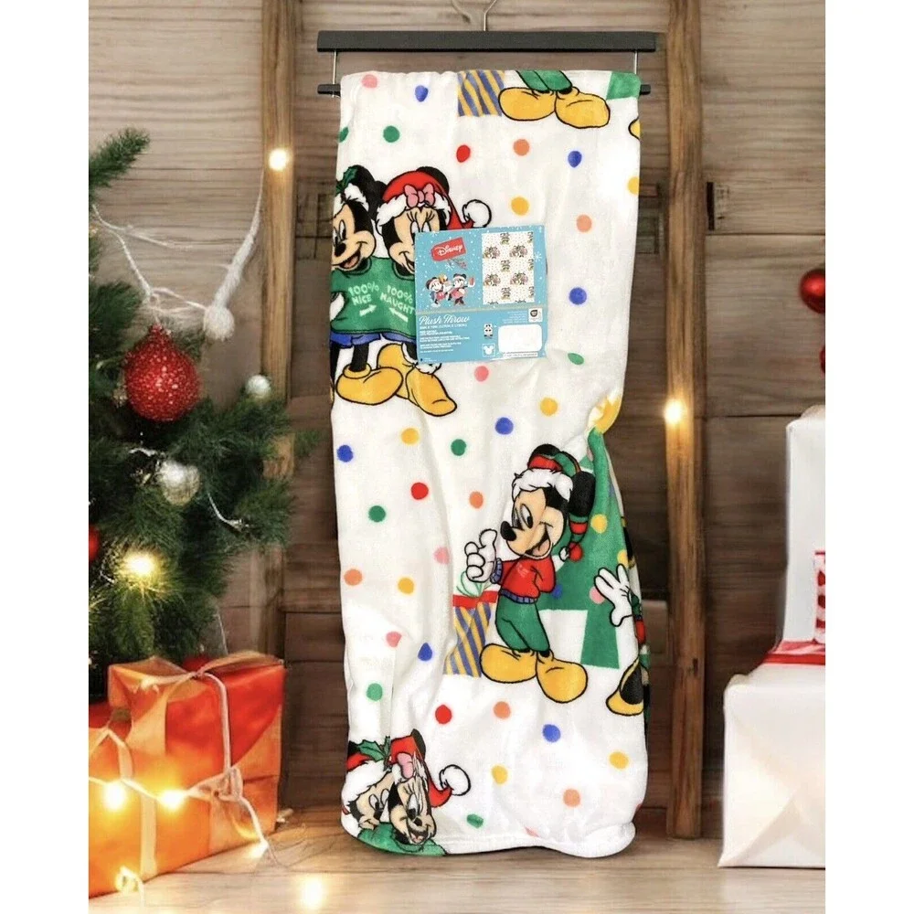 Disney Mickey & Minnie Mouse Christmas Plush Throw Blanket Holiday White 50x70